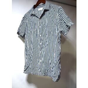 Onia Men’s Small Striped Short Sleeve Shirt Blue White Cotton Modal Camp Collar